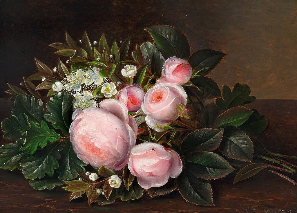 Pink roses and myrtle on a sill, vintage artwork by Johan Laurentz (J.L.) Jensen, A3 (16x12") Poster Print