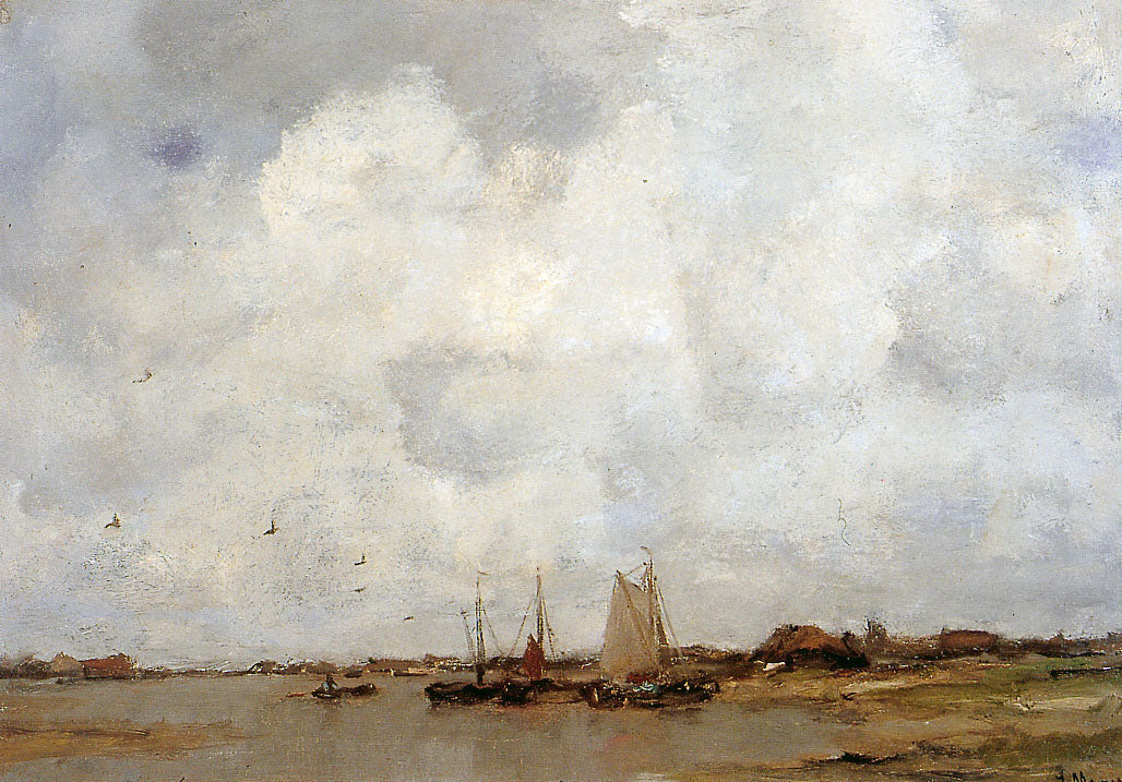 Fisher ships on a river, vintage artwork by Jacob Maris, 12x8" (A4) Poster