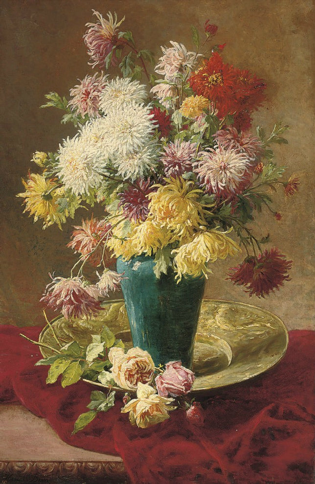 Chrysanthemums and roses in a vase on a salver, vintage artwork by Henri Biva, 12x8" (A4) Poster