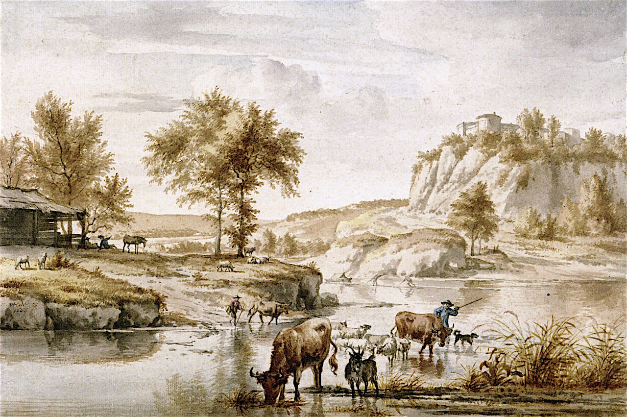 Landscape with Livestock Crossing a River, vintage artwork by Adriaen van de Velde, 12x8" (A4) Poster