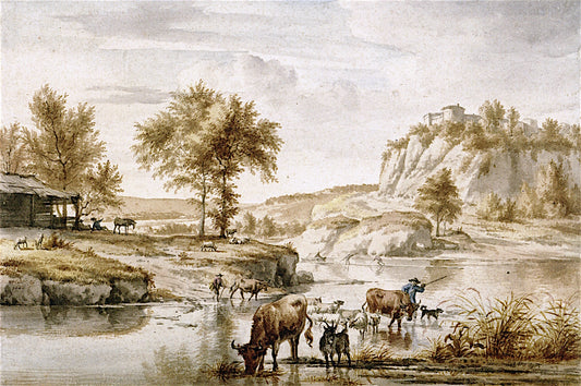 Landscape with Livestock Crossing a River, vintage artwork by Adriaen van de Velde, 12x8" (A4) Poster