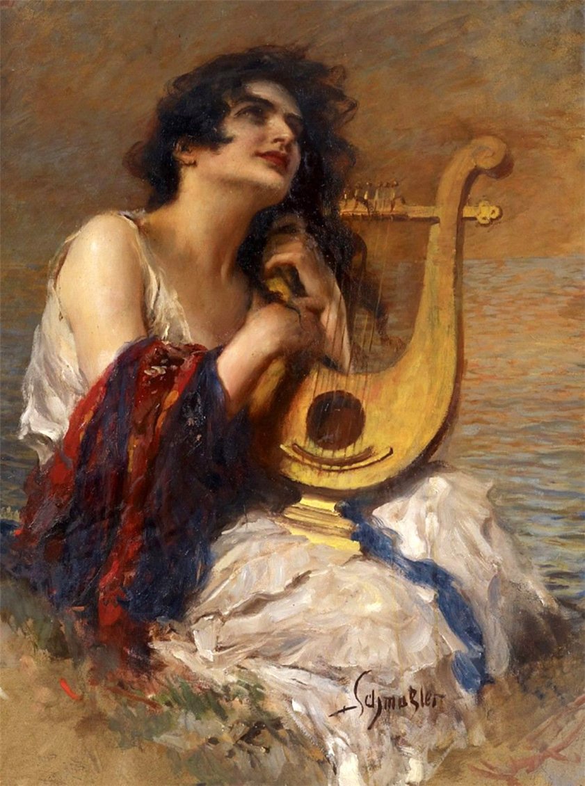 Girl with Lyre by Leopold Schmutzler,A3(16x12")Poster