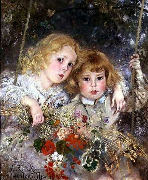 Portrait of Ernest and Beatrice Makins on a Swing, vintage artwork by Anton Romako, 12x8" (A4) Poster