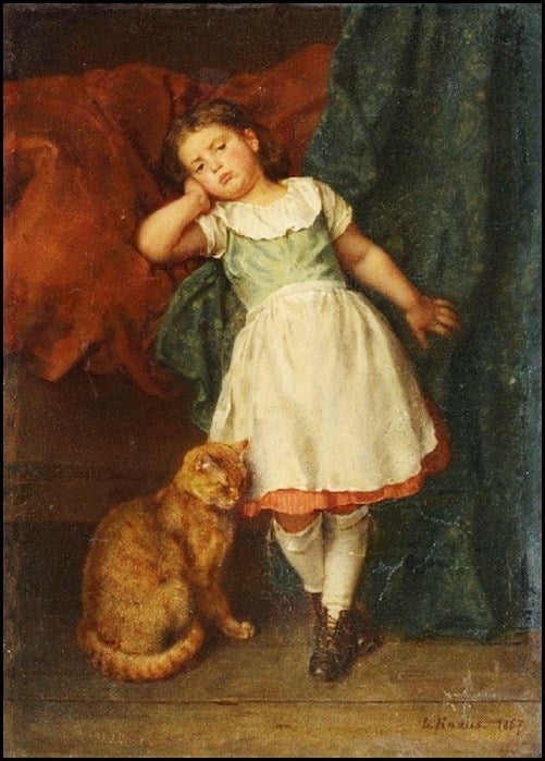 Girl with Cat, vintage artwork by Ludwig Knaus, 12x8" (A4) Poster