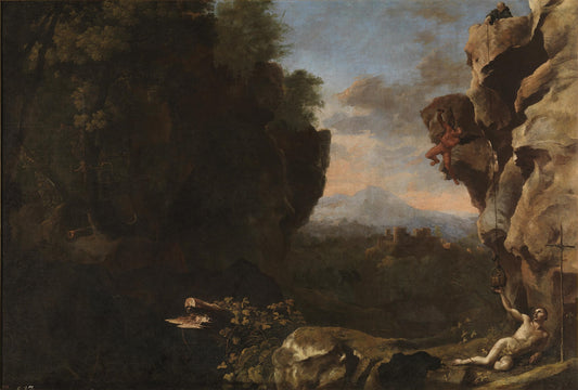 Landscape with Saint Benedict of Nursia, vintage artwork by Attributed to Herman van Swanevelt, 12x8" (A4) Poster