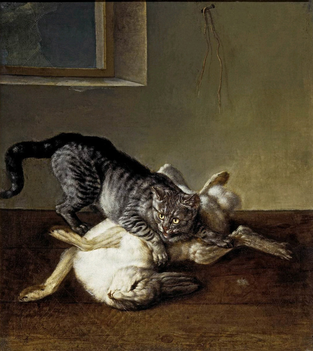 Cat and Dead Hare, vintage artwork by Johann Friedrich Grooth, 12x8" (A4) Poster