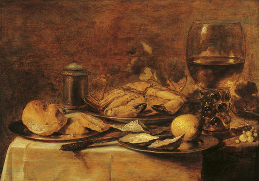 Still Life with Crab and Oysters, vintage artwork by Pieter Claesz, 12x8" (A4) Poster