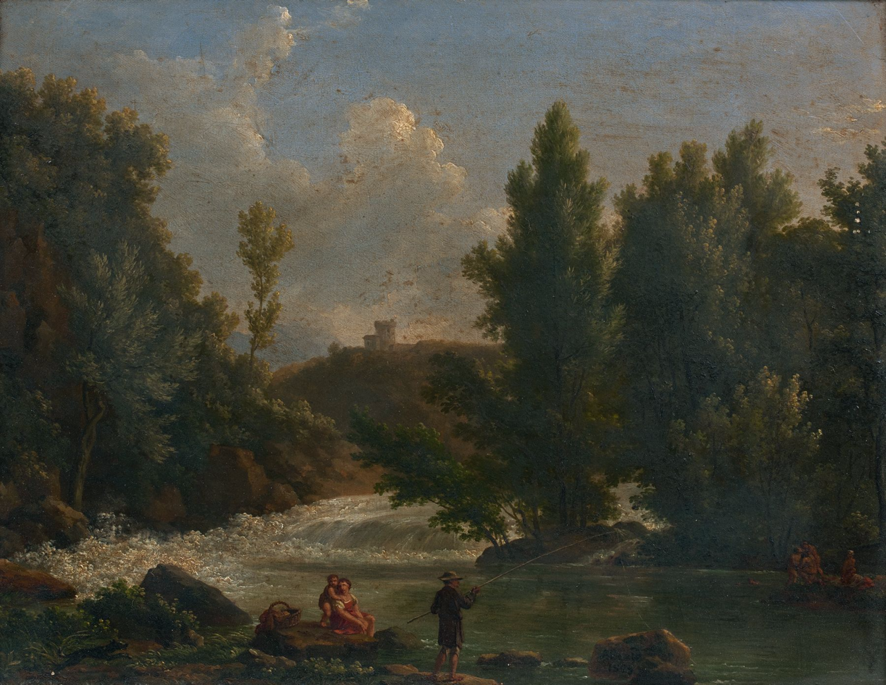 River Landscape with Angler and Bathers, vintage artwork by Jean-Joseph-Xavier Bidauld, 12x8" (A4) Poster