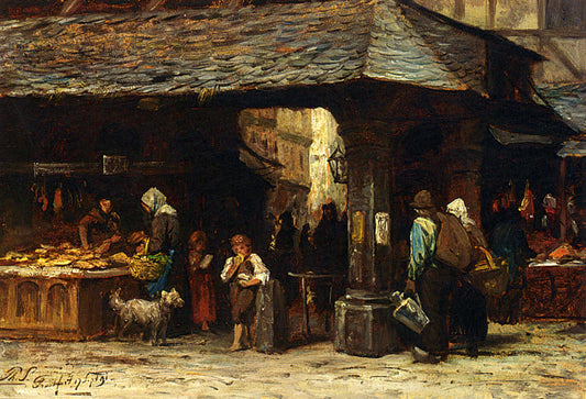 A market scene in Frankfurt, vintage artwork by Philip Lodewijk Jacob Frederik Sadee, 12x8" (A4) Poster
