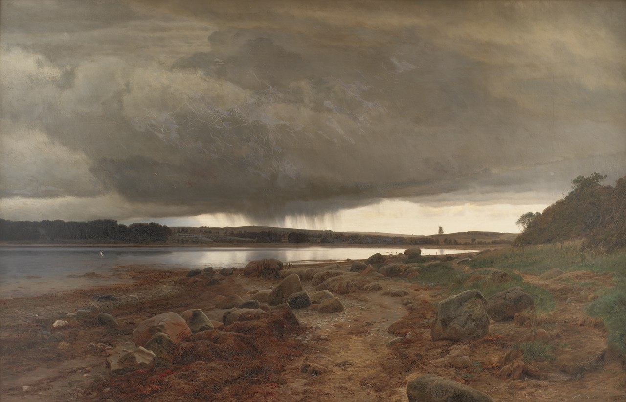 A Showery Landscape. Kalvø Vig, Jutland, vintage artwork by Janus La Cour, 12x8" (A4) Poster