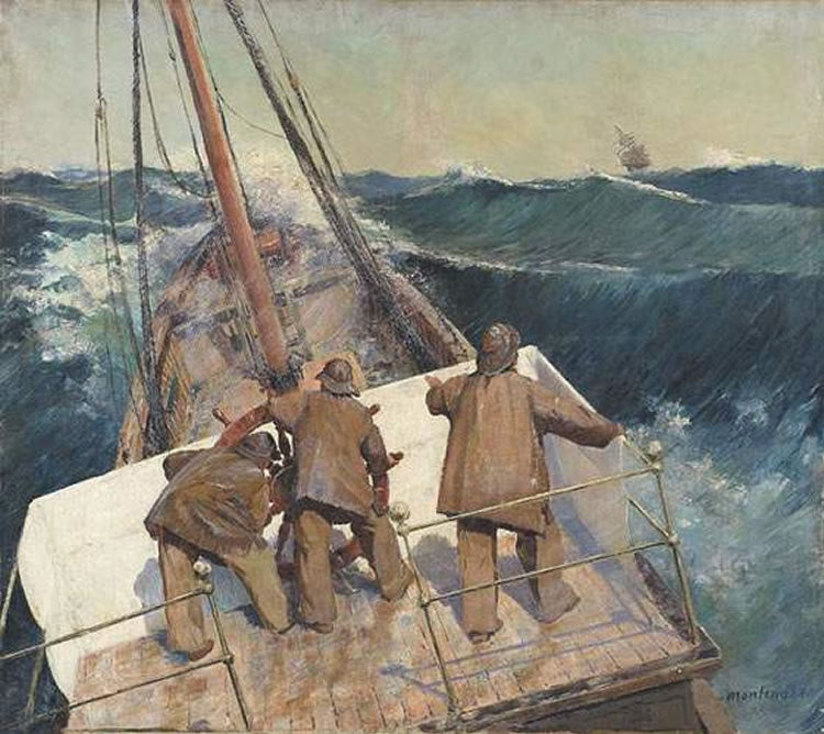 Mariners in Stormy Sea, vintage artwork by Frederic Montenard, 12x8" (A4) Poster