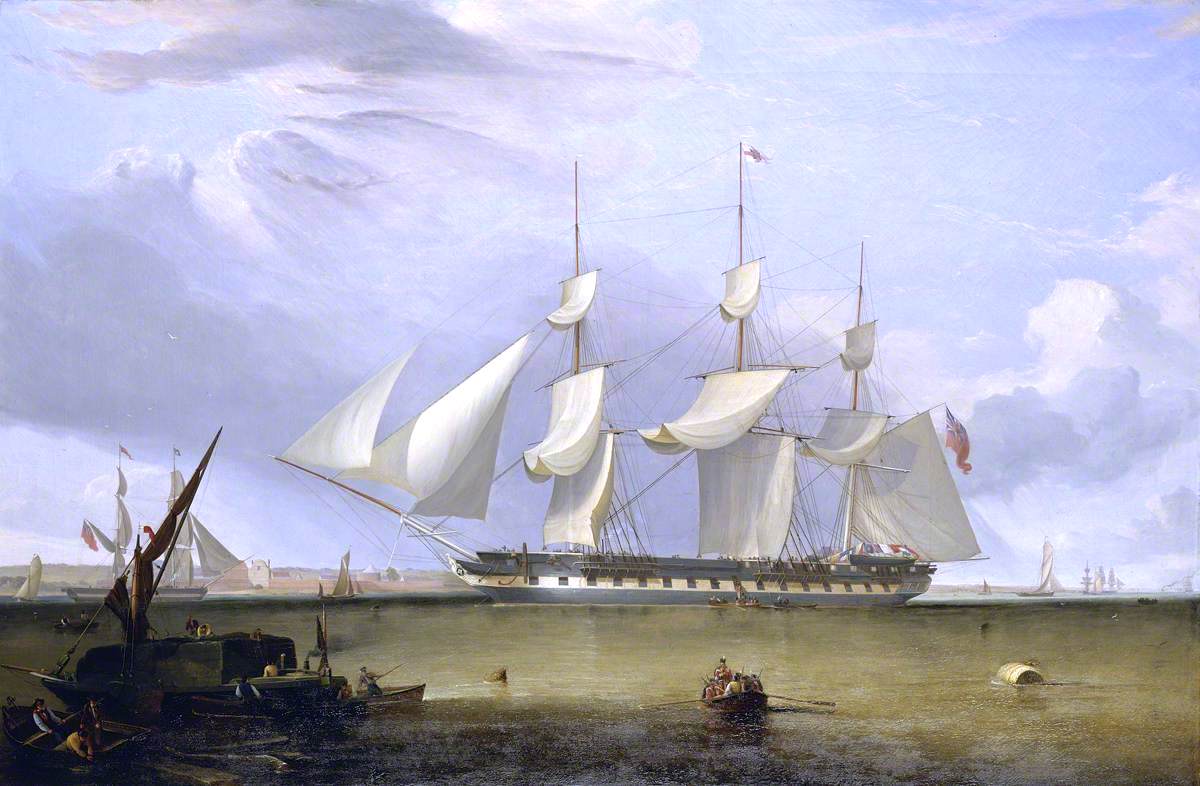 The East Indiaman 'Prince of Wales' Disembarking Troops off Gravesend, 1845, vintage artwork by Attributed to John Lynn, 12x8" (A4) Poster