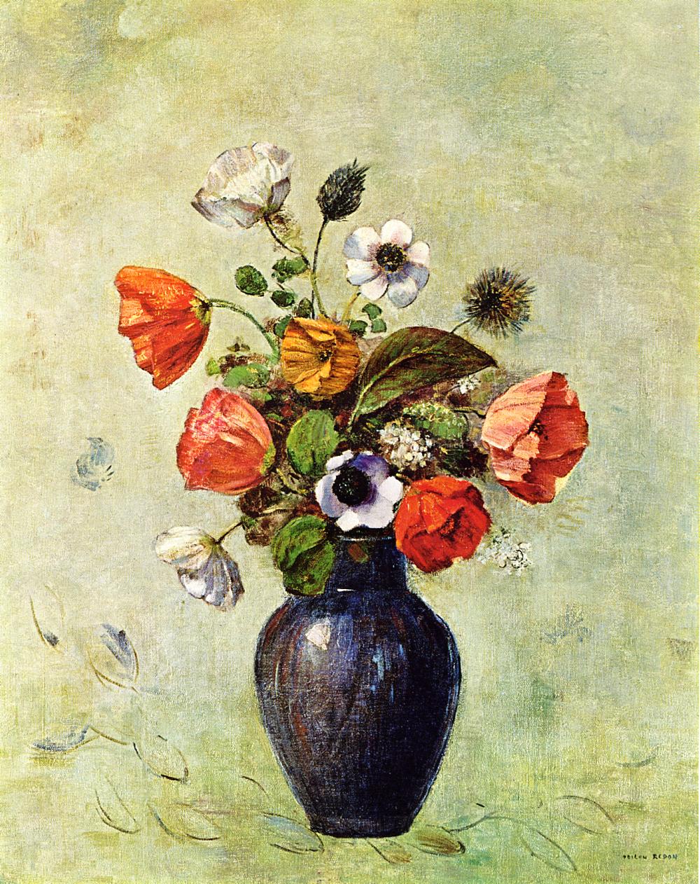 Anemones and Poppies in a Vase, vintage artwork by Odilon Redon, 12x8" (A4) Poster