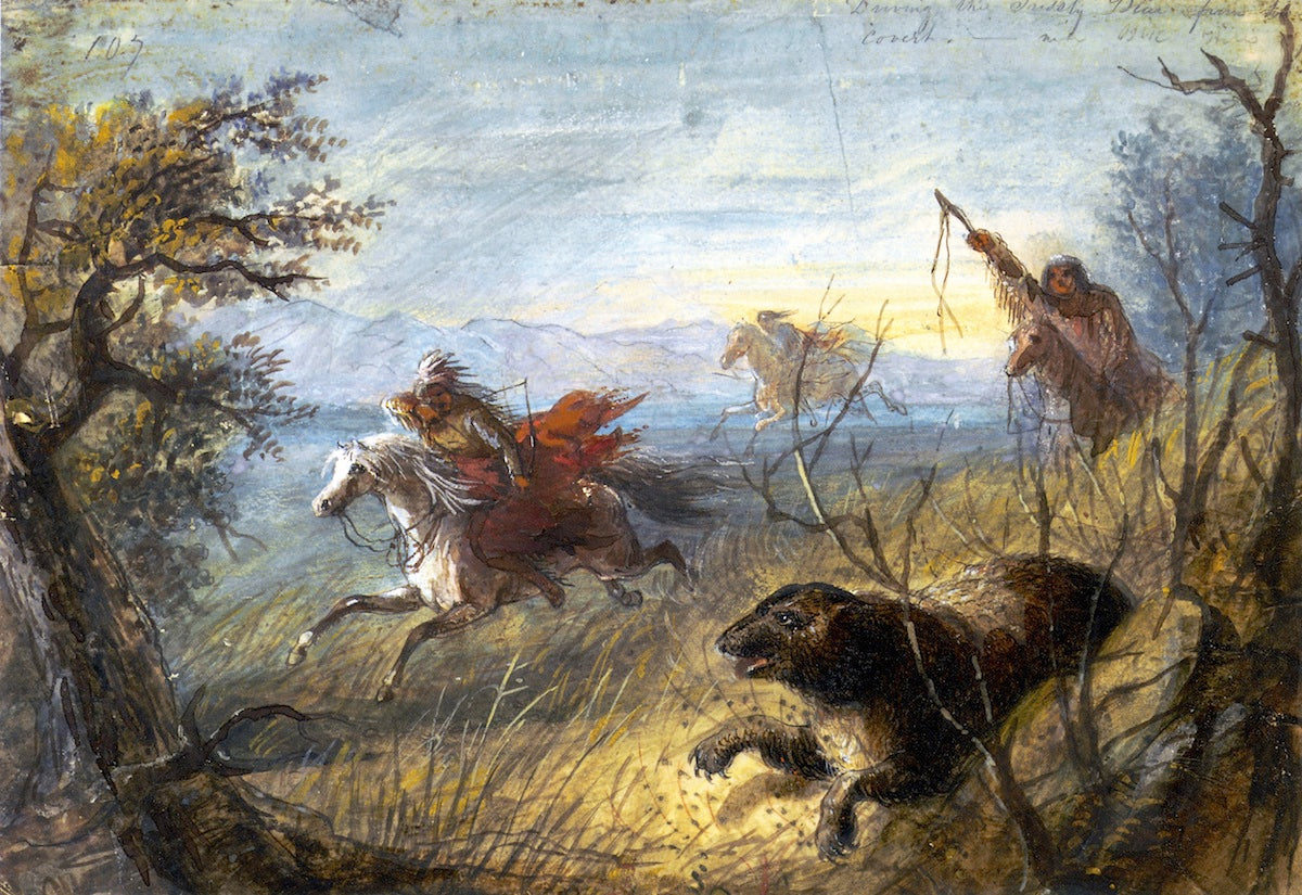 Grizzly Bear Hunt, vintage artwork by Alfred Jacob Miller, A3 (16x12") Poster Print