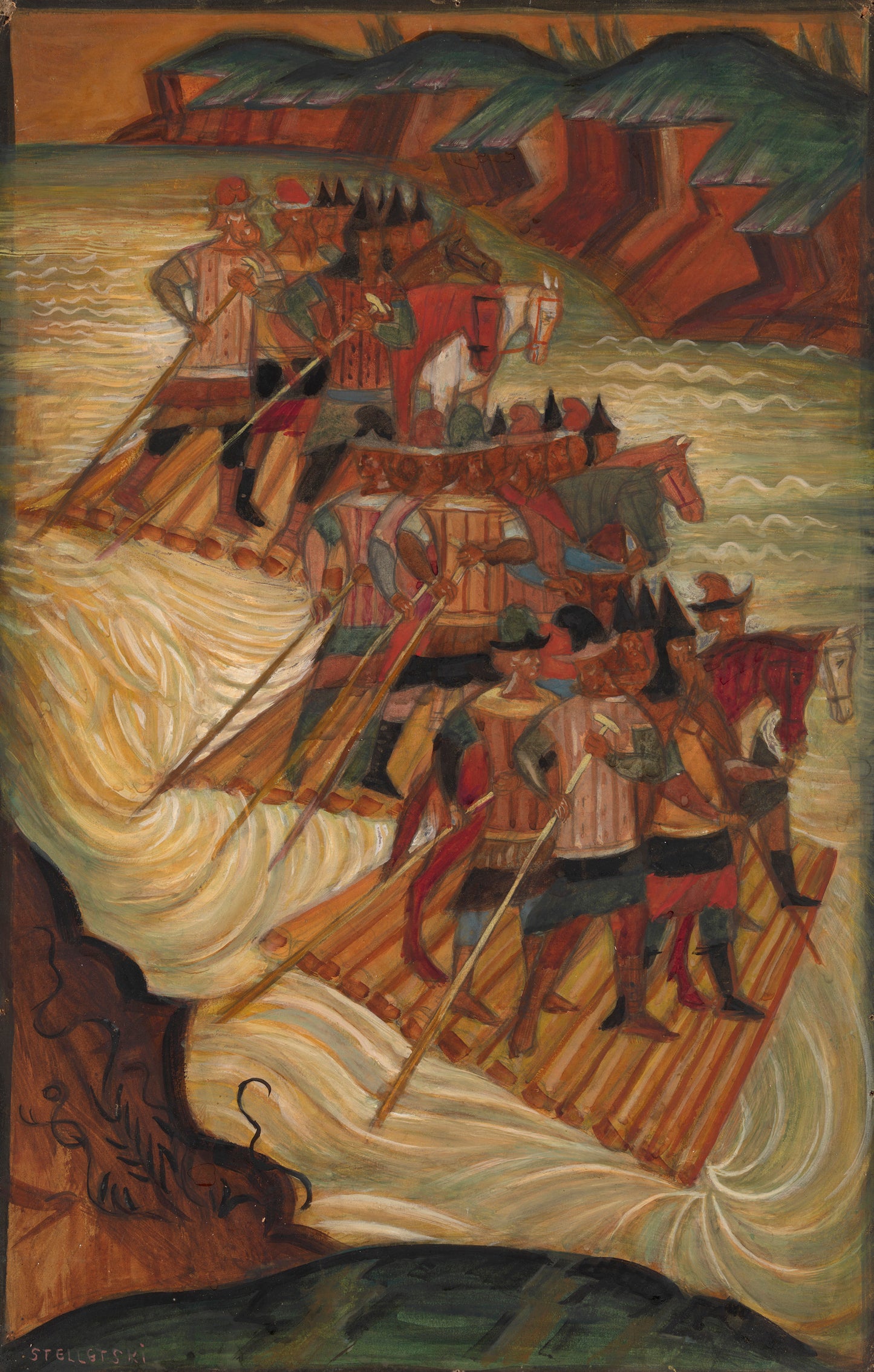 Crossing the River, vintage artwork by Dmitri Semenovitch Stelletsky, 12x8" (A4) Poster