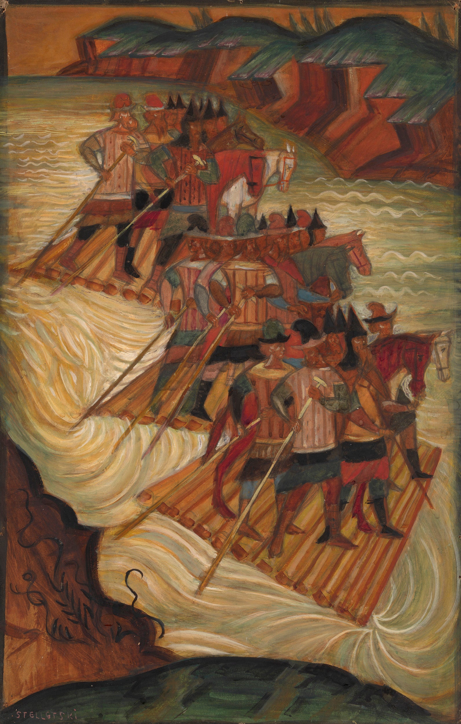 Crossing the River, vintage artwork by Dmitri Semenovitch Stelletsky, 12x8" (A4) Poster