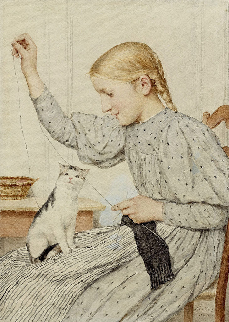 Girl with Cat, vintage artwork by Albert Anker, 12x8" (A4) Poster