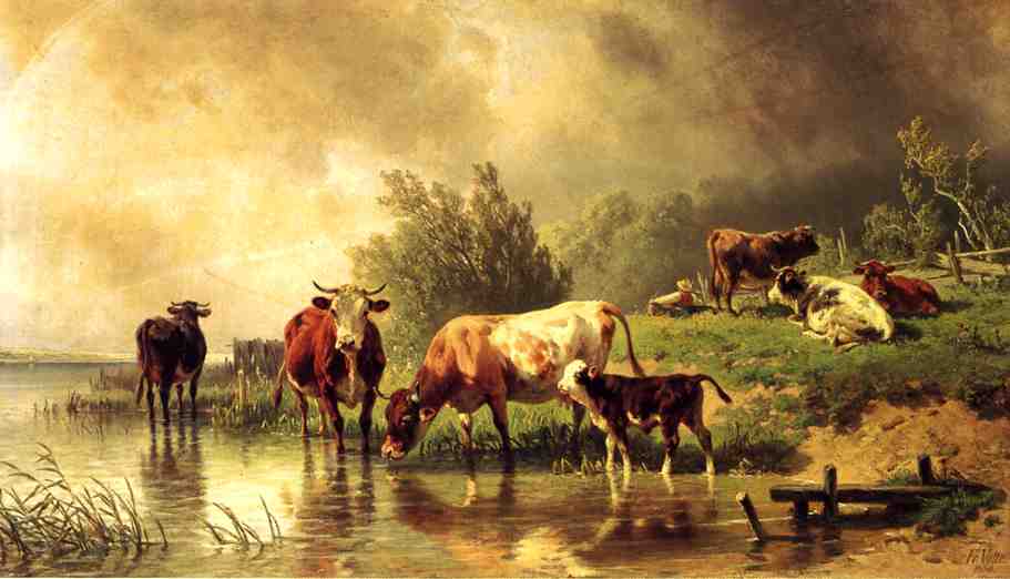 Cattle Watering by  Stream under Darkening Skies, vintage artwork by Fredrich Johann Voltz, A3 (16x12") Poster Print