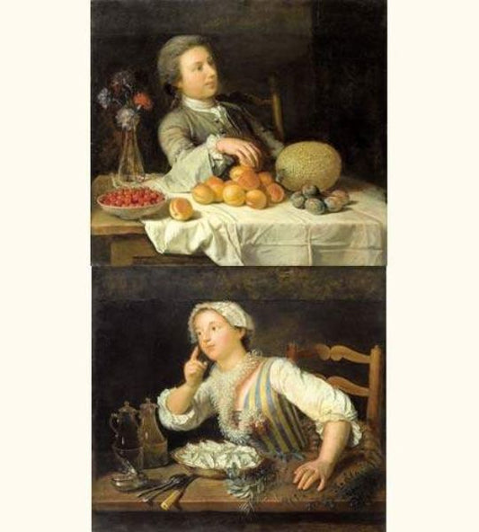 Allegorie du toucher avec prunes, melon d'eau, cerises et abricots and Allegorie de l'odorat avec sa, vintage artwork by Andre Bouys, 12x8" (A4) Poster