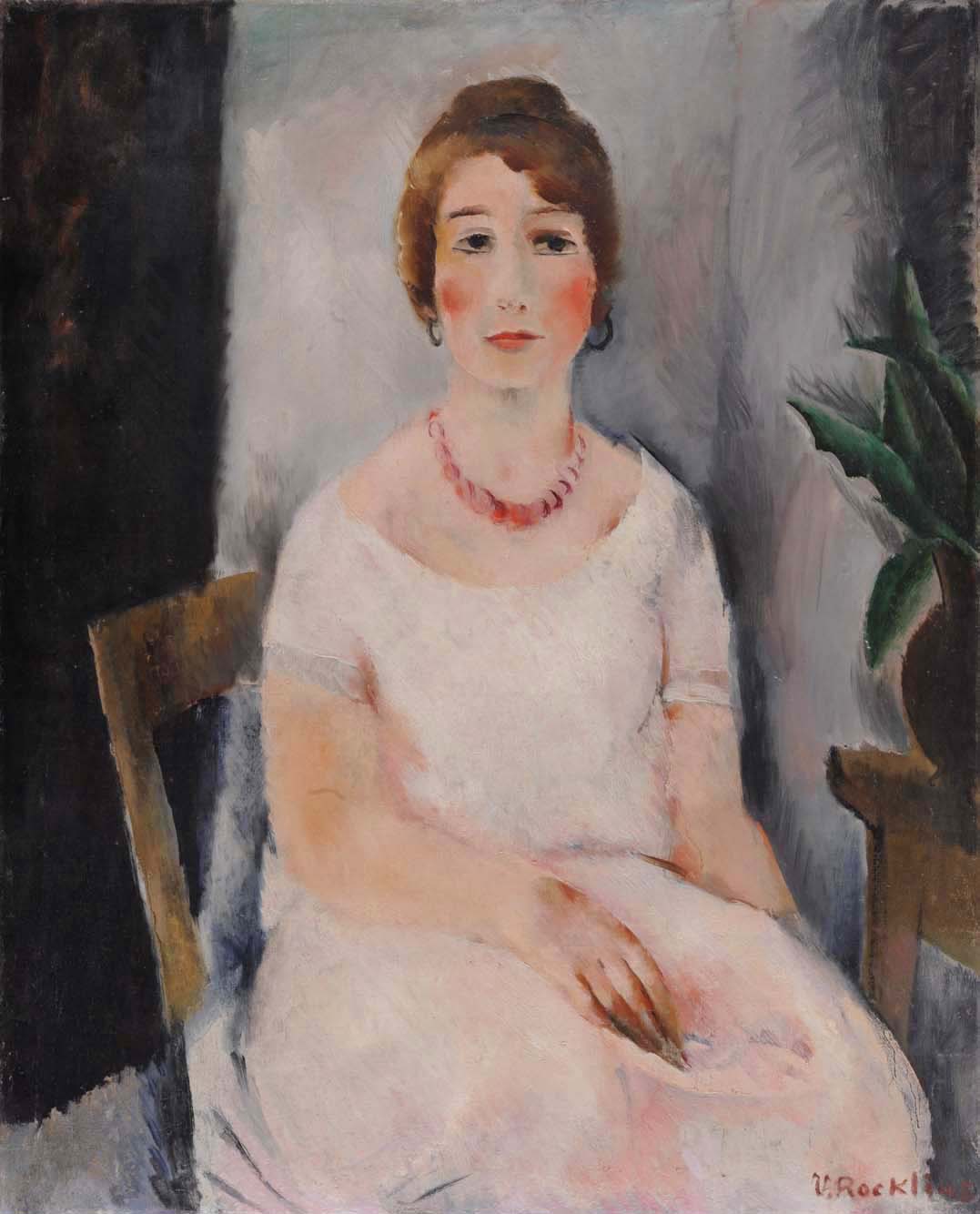Portrait of a Woman in a Pink Dress, vintage artwork by Vera Rockline, 12x8" (A4) Poster