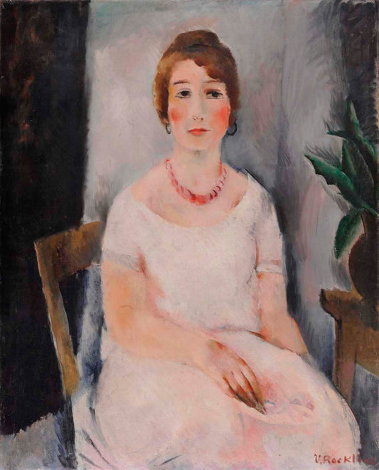 Portrait of a Woman in a Pink Dress, vintage artwork by Vera Rockline, 12x8" (A4) Poster