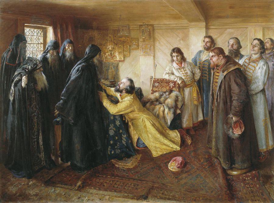 Czar Ivan the Terrible with Archpriest Kirill, vintage artwork by Klavdi Vasilievich Lebedev, 12x8" (A4) Poster