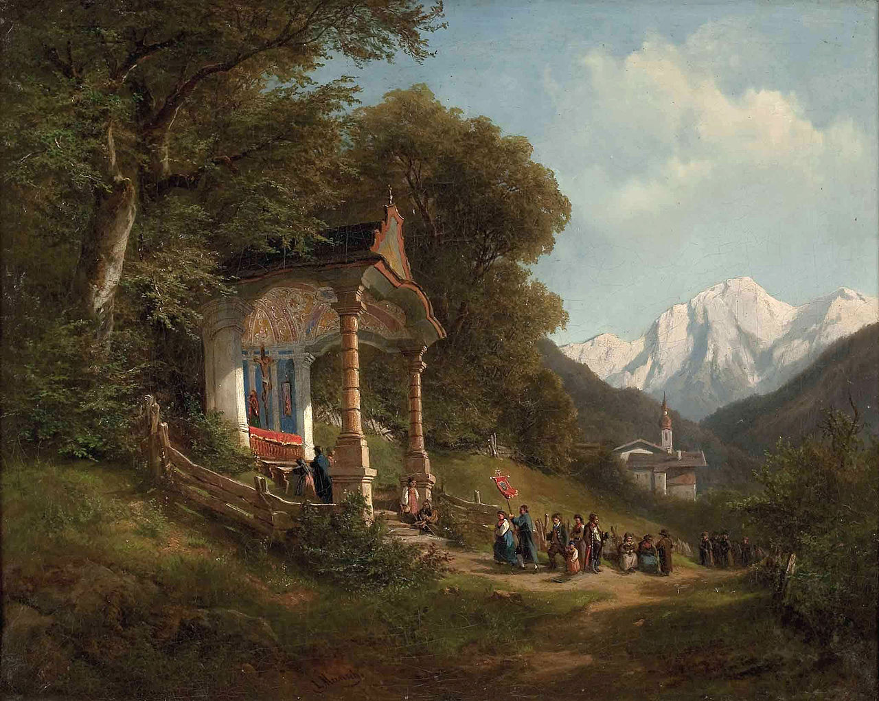 Procession at the Chapel in Ramsau near Berchtesgaden, vintage artwork by Leopold Munsch, 12x8" (A4) Poster