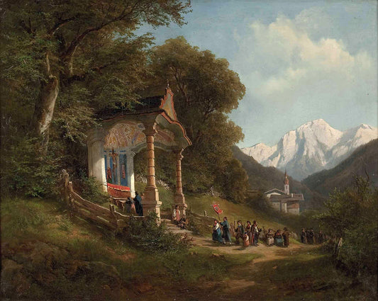 Procession at the Chapel in Ramsau near Berchtesgaden, vintage artwork by Leopold Munsch, 12x8" (A4) Poster