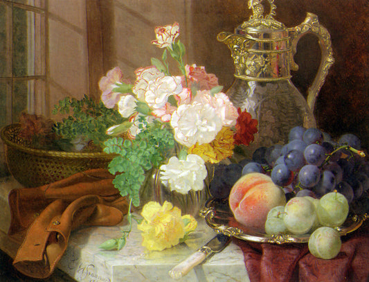Carnations in a glass vase on a draped marble ledge, vintage artwork by Eloise Harriet Stannard, 12x8" (A4) Poster
