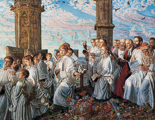 May Morning on Magdalen College Tower, Oxford: An Ancient Annual Ceremony, vintage artwork by William Holman Hunt, 12x8" (A4) Poster