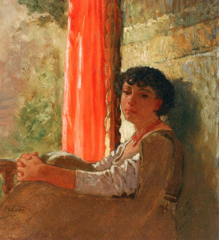 Seated Girl with a Red Curtain, vintage artwork by Elihu Vedder, 12x8" (A4) Poster
