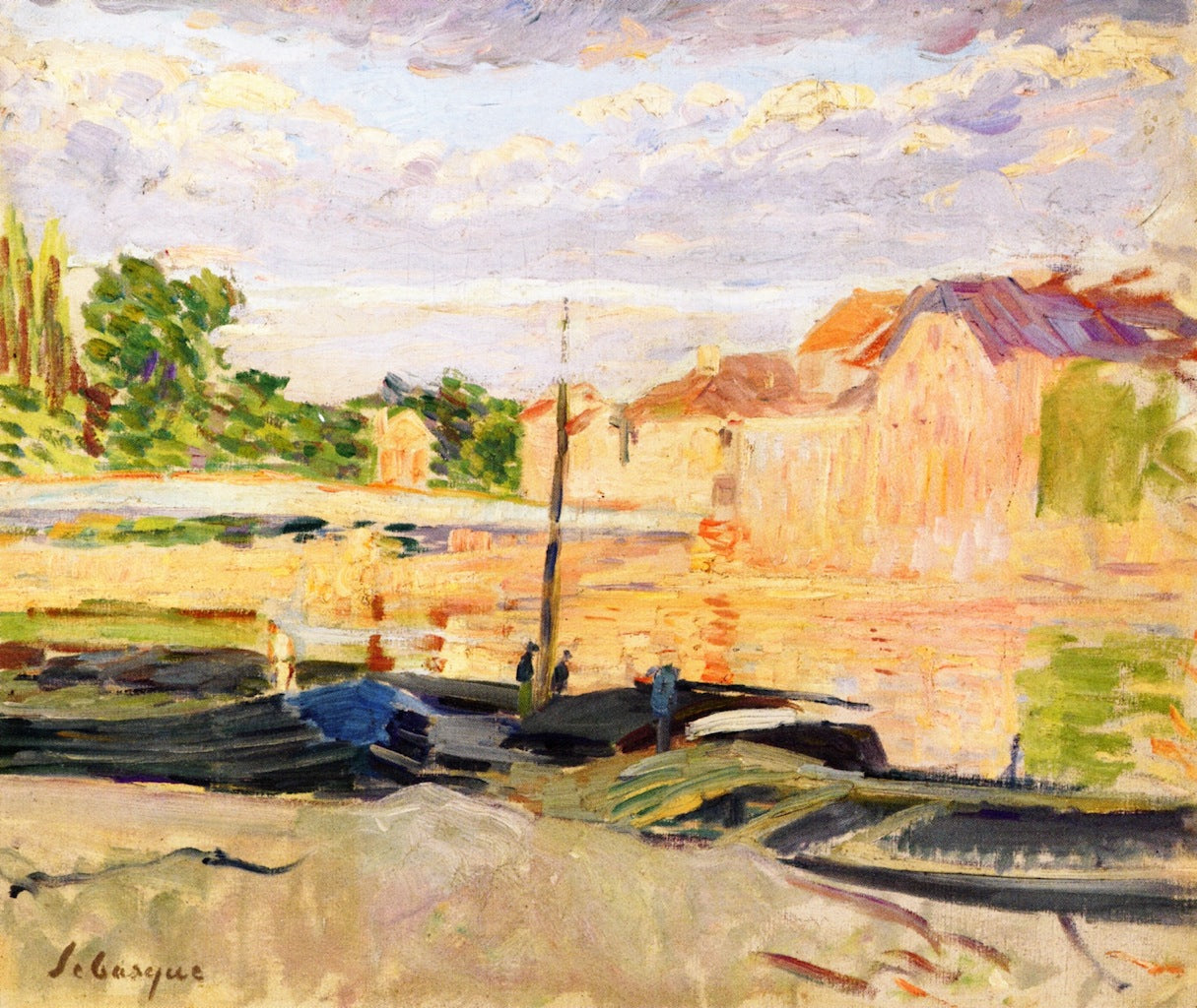 Barges on the Banks of the Marne, vintage artwork by Henri Lebasque, 12x8" (A4) Poster