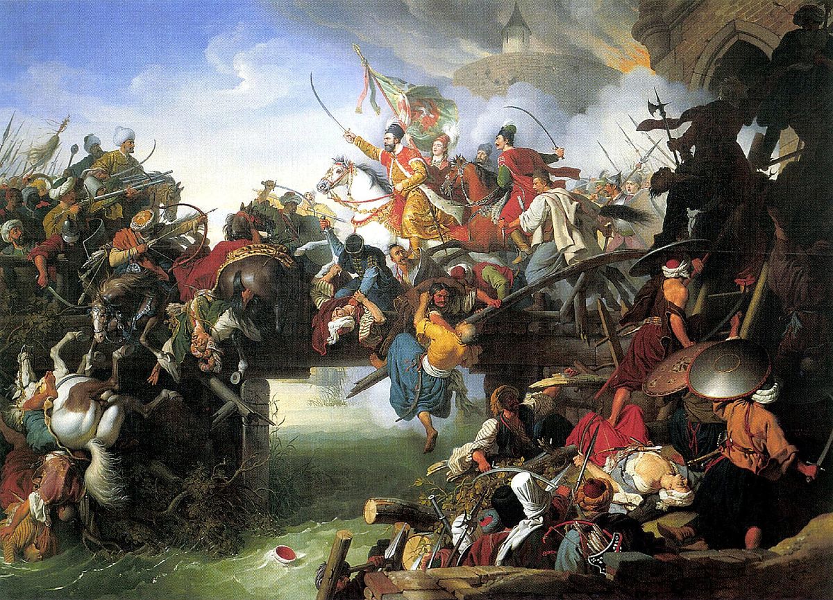 Zrínyi's Charge from the Fortress of Szigetvár, vintage artwork by Johann Peter Krafft, 12x8" (A4) Poster