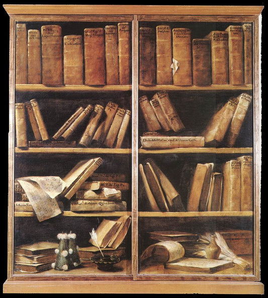 Trompe L'Oeil of a Bookcase, vintage artwork by Giuseppe Maria Crespi, 12x8" (A4) Poster