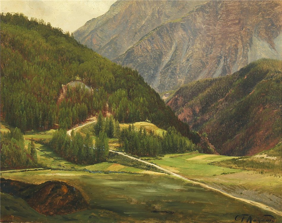 A Swiss Mountainscape, vintage artwork by Carl Frederik Aagaard, 12x8" (A4) Poster