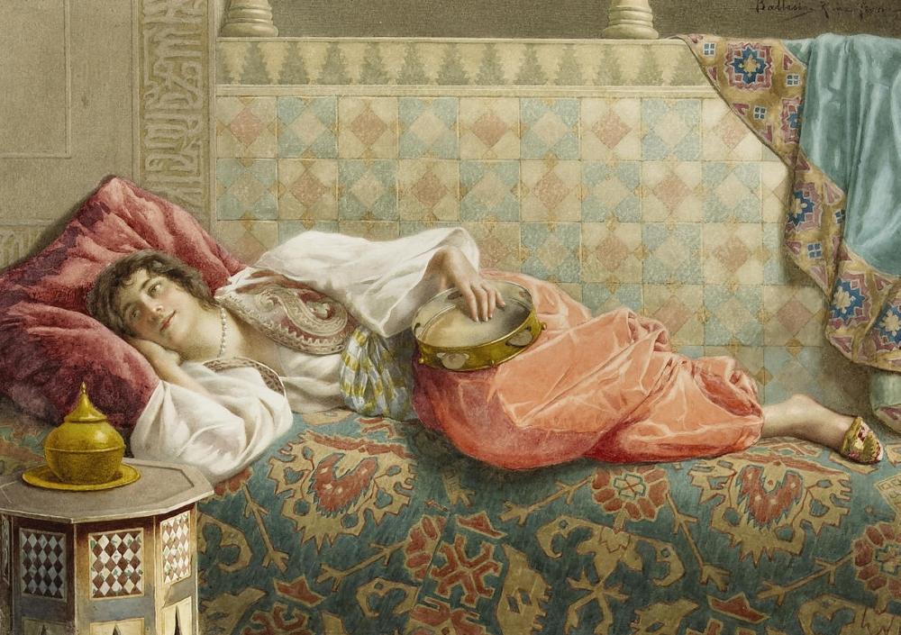 An Oriental Beauty at Rest, vintage artwork by Francesco Ballesio, 12x8" (A4) Poster