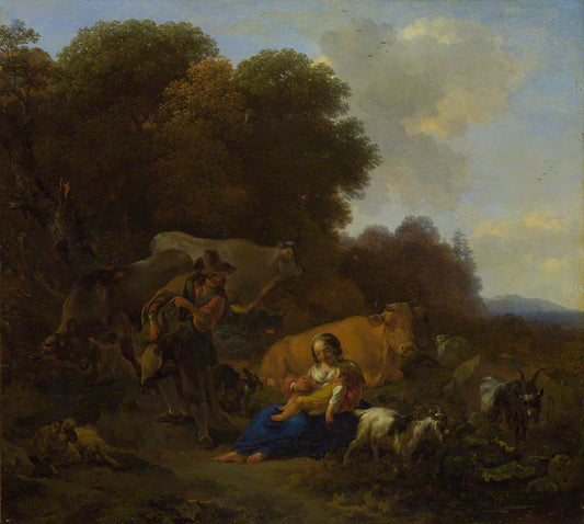 A Peasant Playing a Hurdy-Gurdy to a Woman and Child in a Woody Landscape, vintage artwork by Nicolaes Berchem, 12x8" (A4) Poster