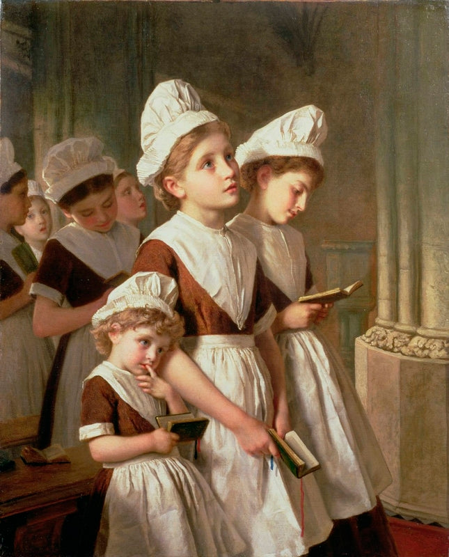 Foundling Girls at Prayer in the Chapel, vintage artwork by Sophie Gengembre Anderson, 12x8" (A4) Poster