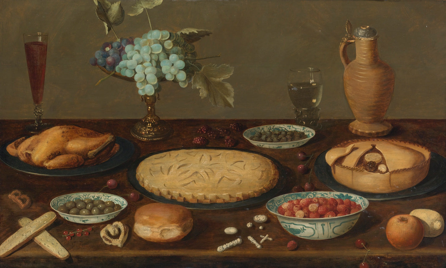 Still Life with Meat Pies, a Roast Fowl, vintage artwork by Jacob Foppens van Es, 12x8" (A4) Poster