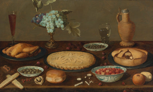Still Life with Meat Pies, a Roast Fowl, vintage artwork by Jacob Foppens van Es, 12x8" (A4) Poster