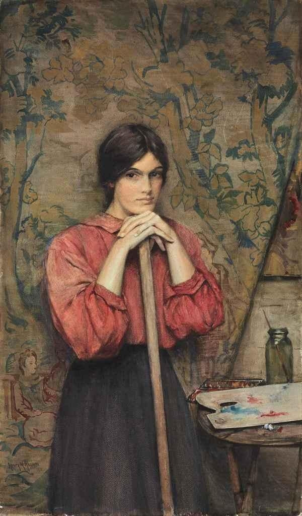 Girl in the Artist’s Studio Standing before a Tapestry, vintage artwork by Henry Meynell Rheam, 12x8" (A4) Poster