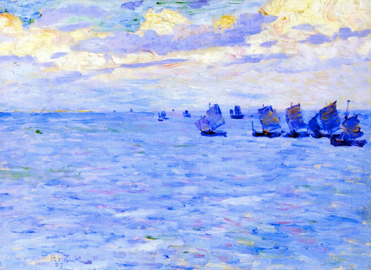 Fishing Boats Setting Sail, vintage artwork by Theo van Rysselberghe, 12x8" (A4) Poster