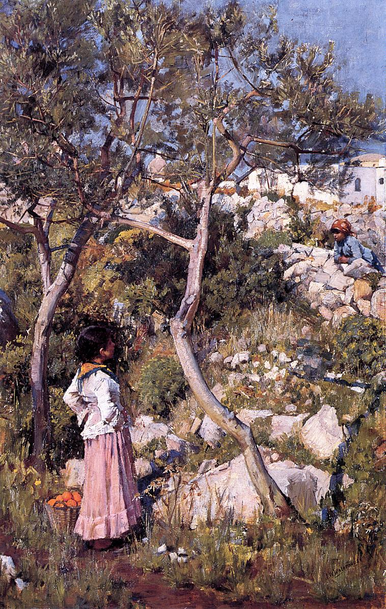 Two Little Italian Girls by  a Village, vintage artwork by John William Waterhouse, 12x8" (A4) Poster