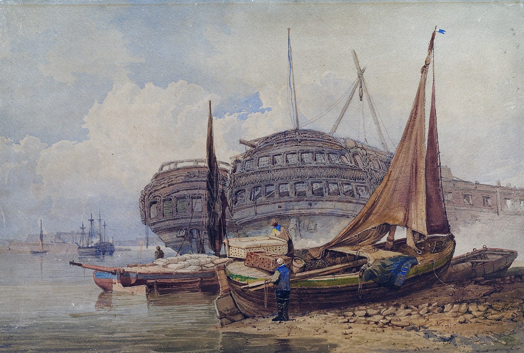 Coastal Scene with Beached Boats in Foreground, vintage artwork by Samuel Prout, 12x8" (A4) Poster