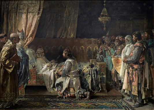 In His Final Moments, King Jaime el Conquistador gives his Sword to his Son, Pedro, vintage artwork by Ignacio Pinazo Camarlench, 12x8" (A4) Poster