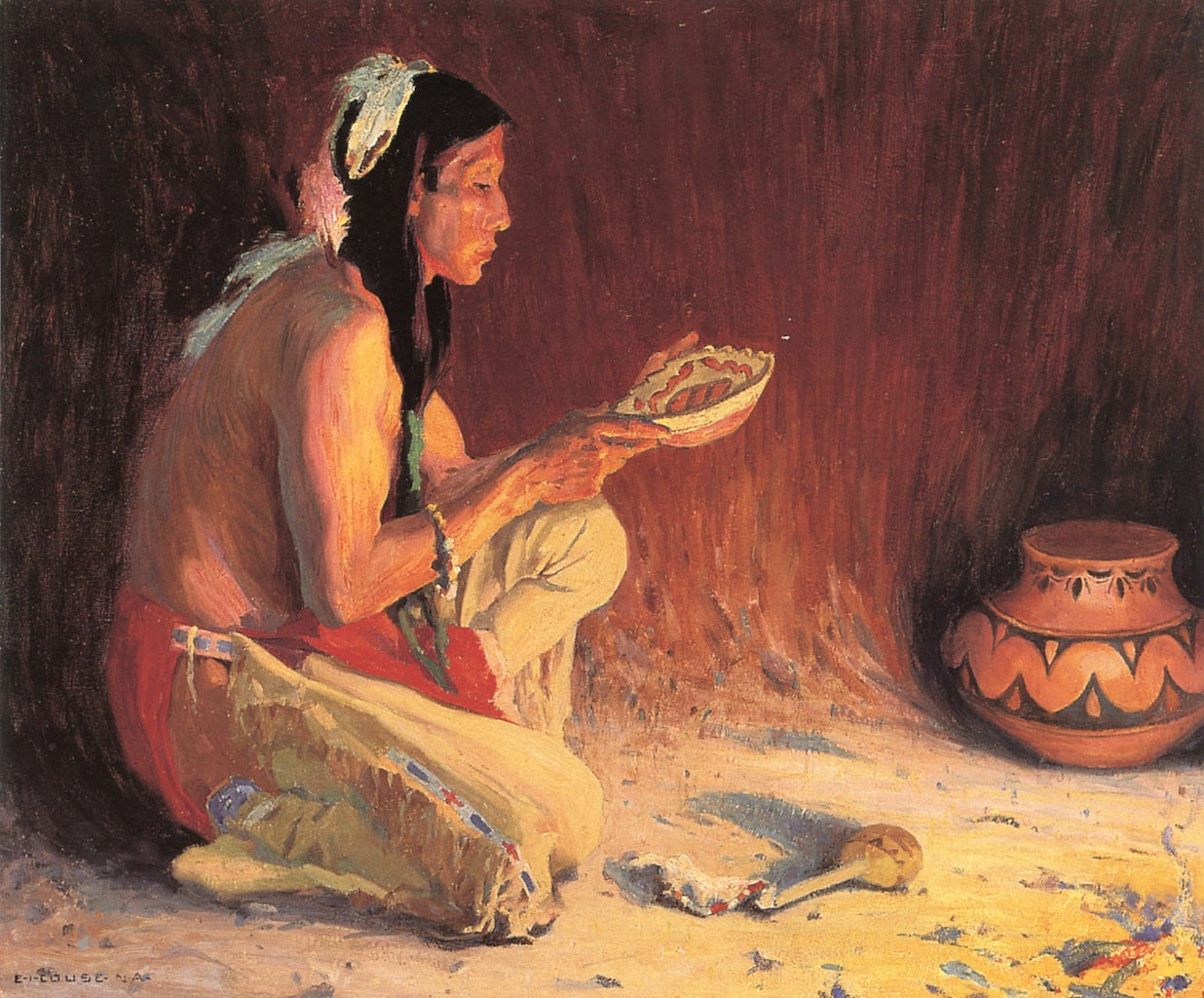 The Sacred Rain Bowl, vintage artwork by Eanger Irving Couse, 12x8" (A4) Poster