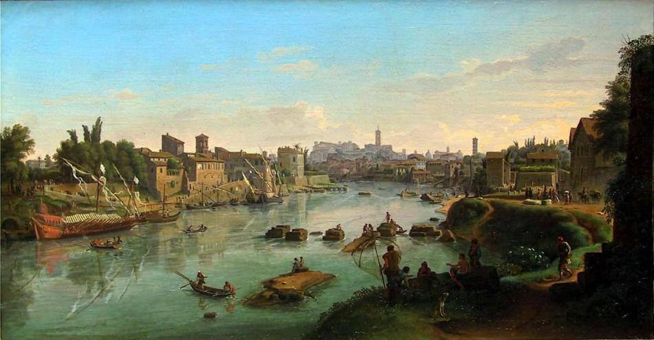 Rome, a View of the River Tiber at the Porto di Ripa Grande, vintage artwork by Caspar van Wittel, 12x8" (A4) Poster