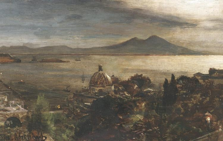 The Bay of Naples at Night. The Vesuvius in the Background, vintage artwork by Oswald Achenbach, 12x8" (A4) Poster