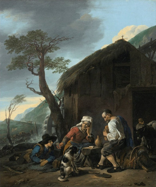 A Watermill with Peasants Taking Refreshments, vintage artwork by Johannes Lingelbach, 12x8" (A4) Poster