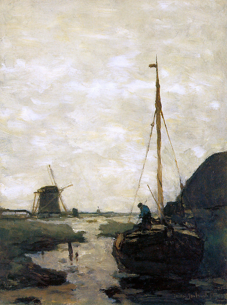 Ship in polder canal, vintage artwork by Władysław Bakalowicz, 12x8" (A4) Poster
